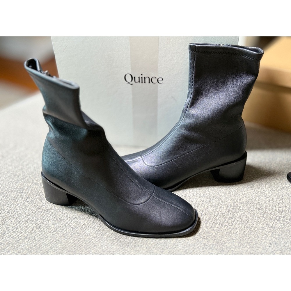 Quince Italian Leather Stretch Ankle Boots Black Square Toe Block Heel Womens 7